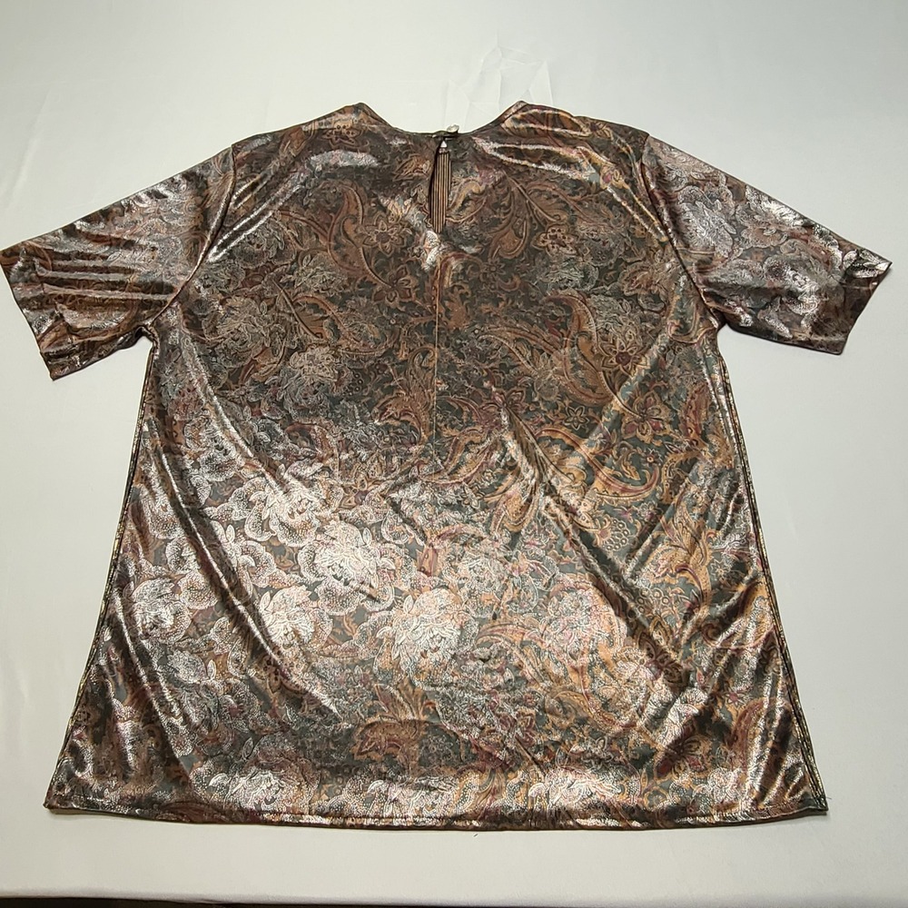 Paisley Pleated Metallic Blouse Womens L Bronze Gold Short Sleeve Top Glam - Picture 5 of 7